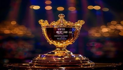 华体会网站2018年亚洲最佳体育投注平台奖杯在颁奖典礼上展示，金色奖杯在聚光灯下熠熠生辉