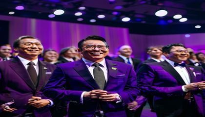 华体会网站2021年全球娱乐平台颁奖现场，高管代表在国际论坛台上接受荣誉，背景为品牌紫色主视觉